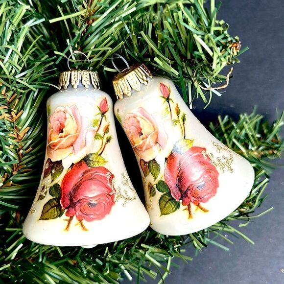 Two West Germany Christmas Bell Shaped Glass Ornaments Victorian Roses - Picture 2 of 11